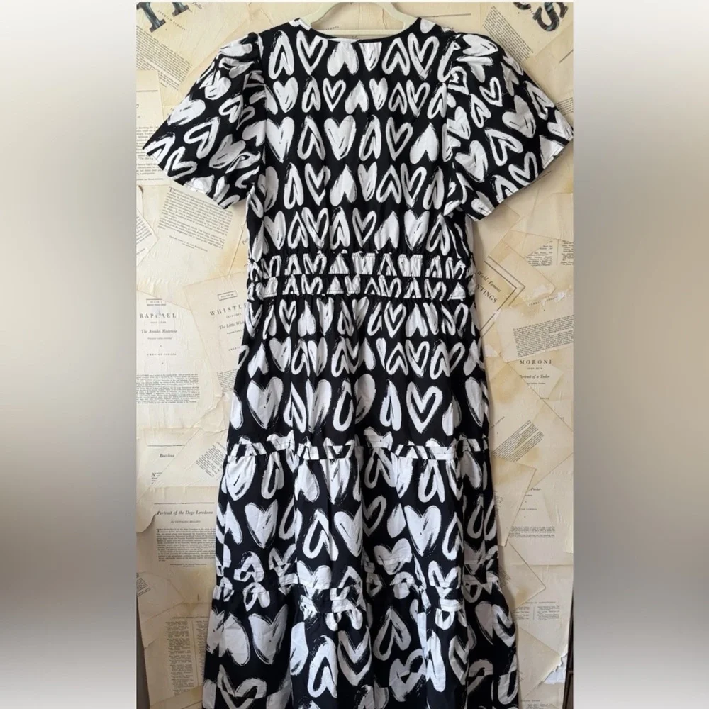 Anthropologie The Somerset Maxi Dress Smocked Heart Edition Poplin Black White - Picture 7 of 7